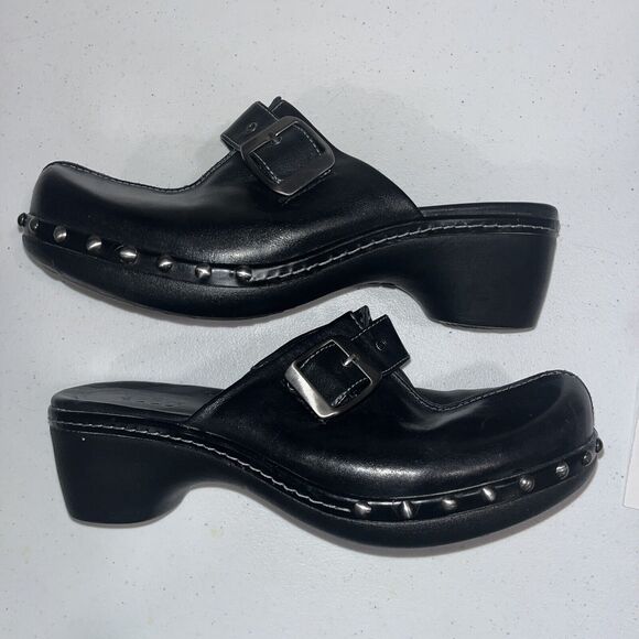 NWOT Ecco Chunky Y2k Studded Black Silver Leather Clogs Mules Buckles 37 6.5 - Picture 5 of 10